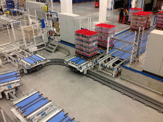 Inverted Monorail System Transfers Single Load Carts in a Closed Loop for Drop-Off at Shipping Staging Lanes